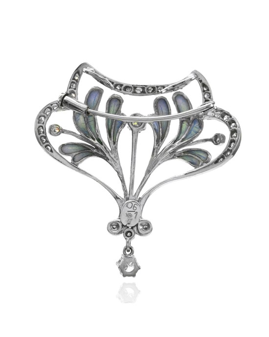 Nouveau 1910 Artic Collection Diamond and Enamel Brooch Pendant in Gold